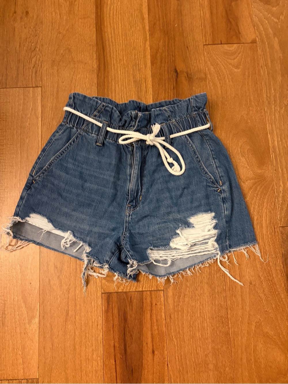 American Eagle Outfitters Distressed Paperbag Waist Denim Shorts - Blue